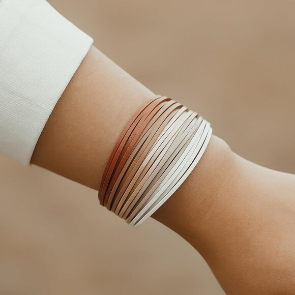 ✨ Fancy Shiny Leather Wrap Bracelet Women White Stackable Bangle Cuff Jewelry - Picture 3 of 7